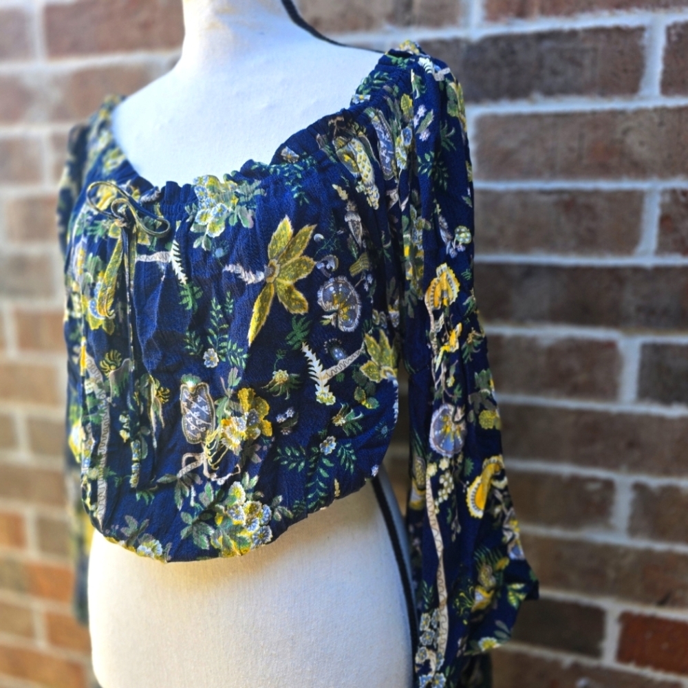 Hommage Boho Floral Blouse in Navy and Yellow